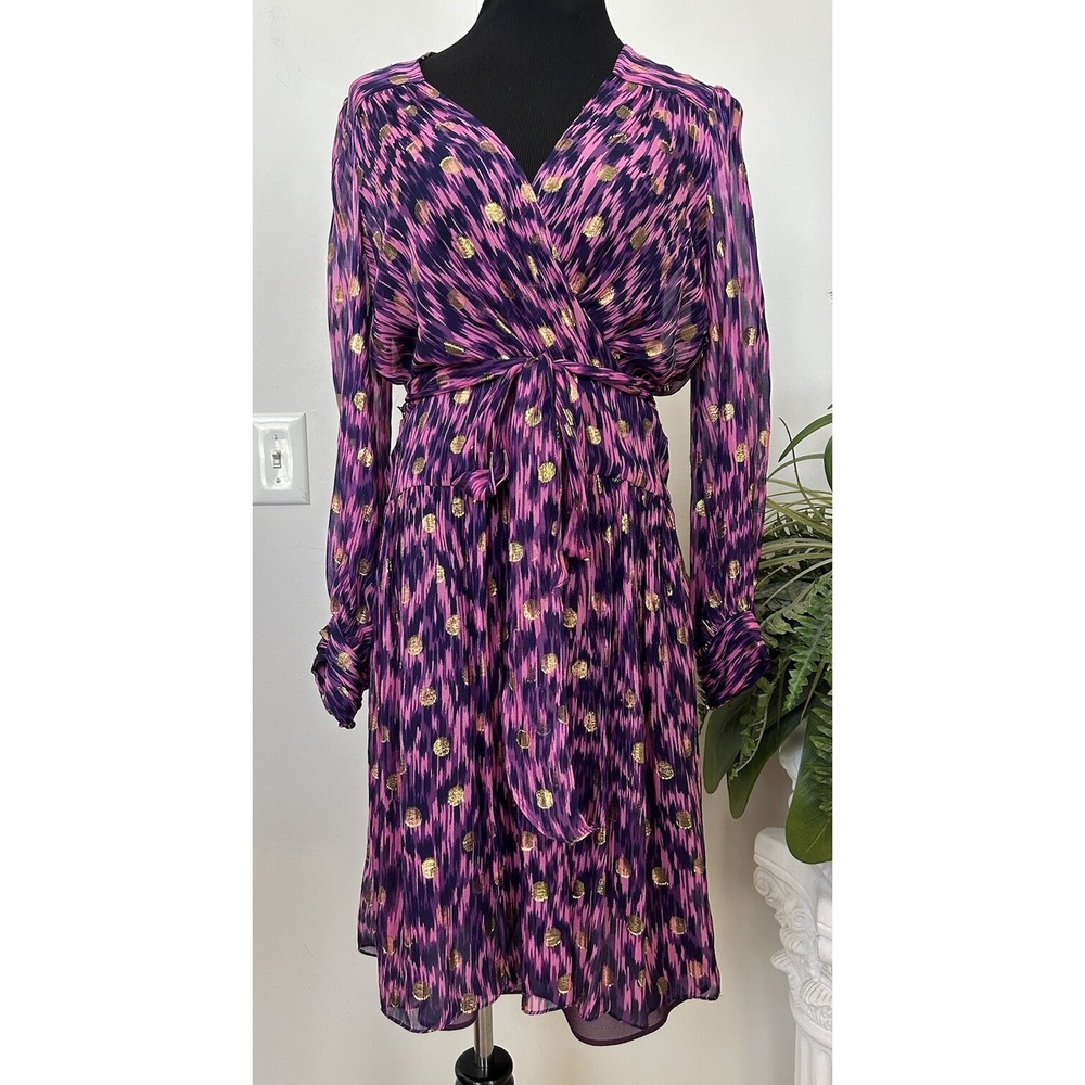 New Milly Purple Pink‎ & Gold Polka Dot Silk Tie Waist Dress Size 10 $395